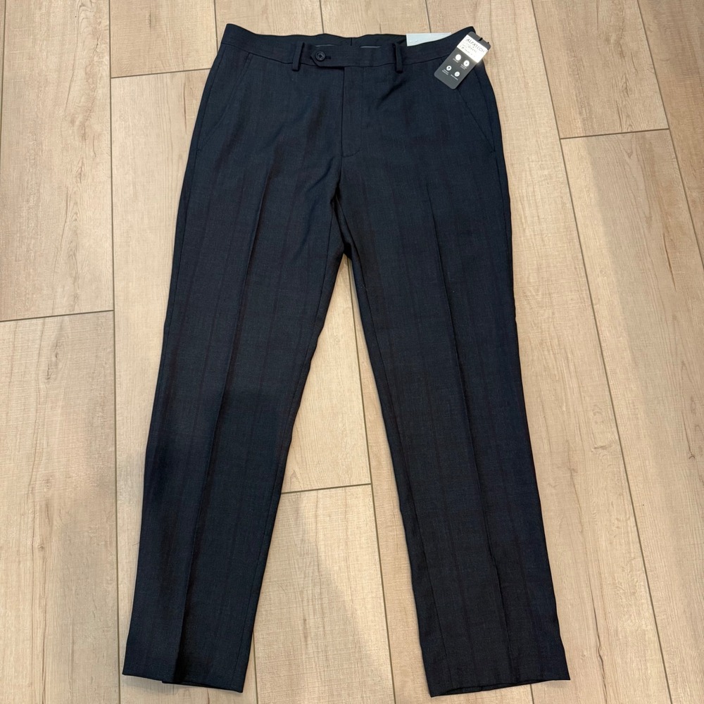 Alfani Mens Slim Fit Dress Pants 33x30 Grey Burgundy Plaid Stretch Travel Ready‎